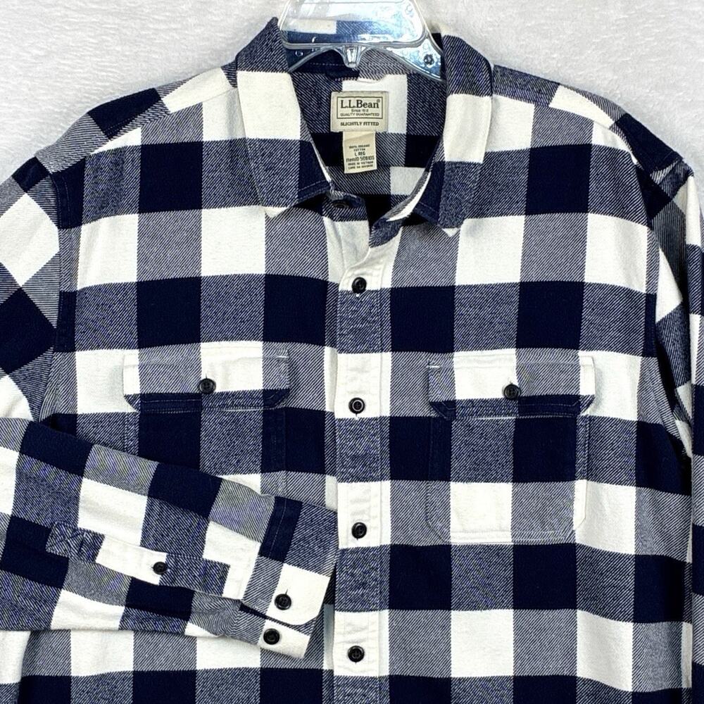 VTG LL Bean Flannel Shirt Men L Navy White Buffalo Plaid Heavyweight Lumberjack